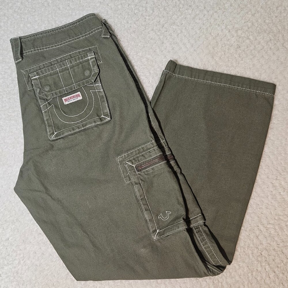 True Religion Zipper Military Cargo Pants Big T Stitch – Olive Green Women’s 29